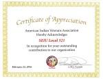 Certificate of Appreciation from American Indian Veterans Association 2.22.16